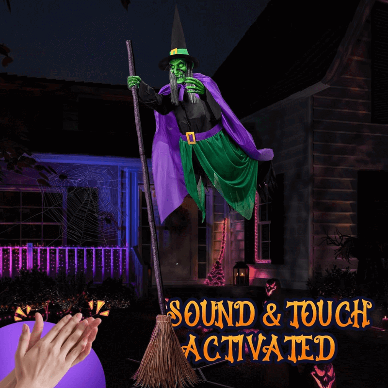 11.5 Ft Flying Witch Halloween Decoration – Sound & Light Activated Animatronic