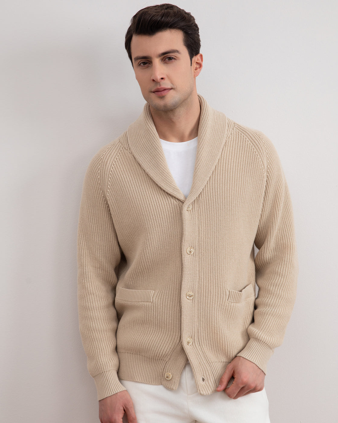Beige Shawl-Collar Ribbed Cardigan
