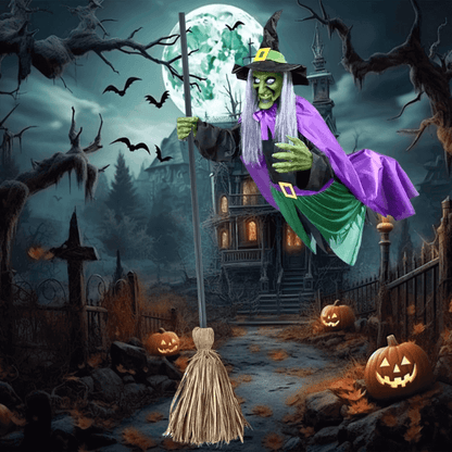 11.5 Ft Flying Witch Halloween Decoration – Sound & Light Activated Animatronic