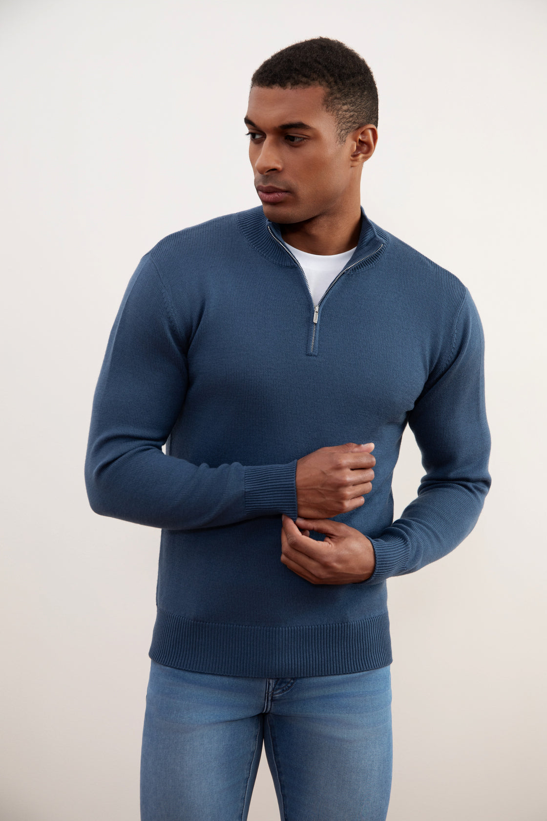 Blue Merino Wool Half-Zip Sweater