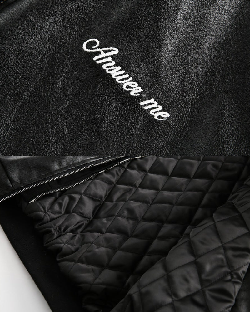 Relaxed Leather ANSWER ME Embroided Bomber Jacket