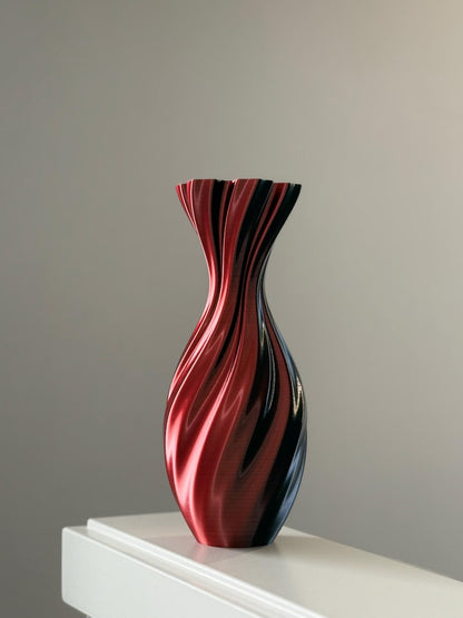 Tall Red Wave-Design Vase – Modern Decorative Accent
